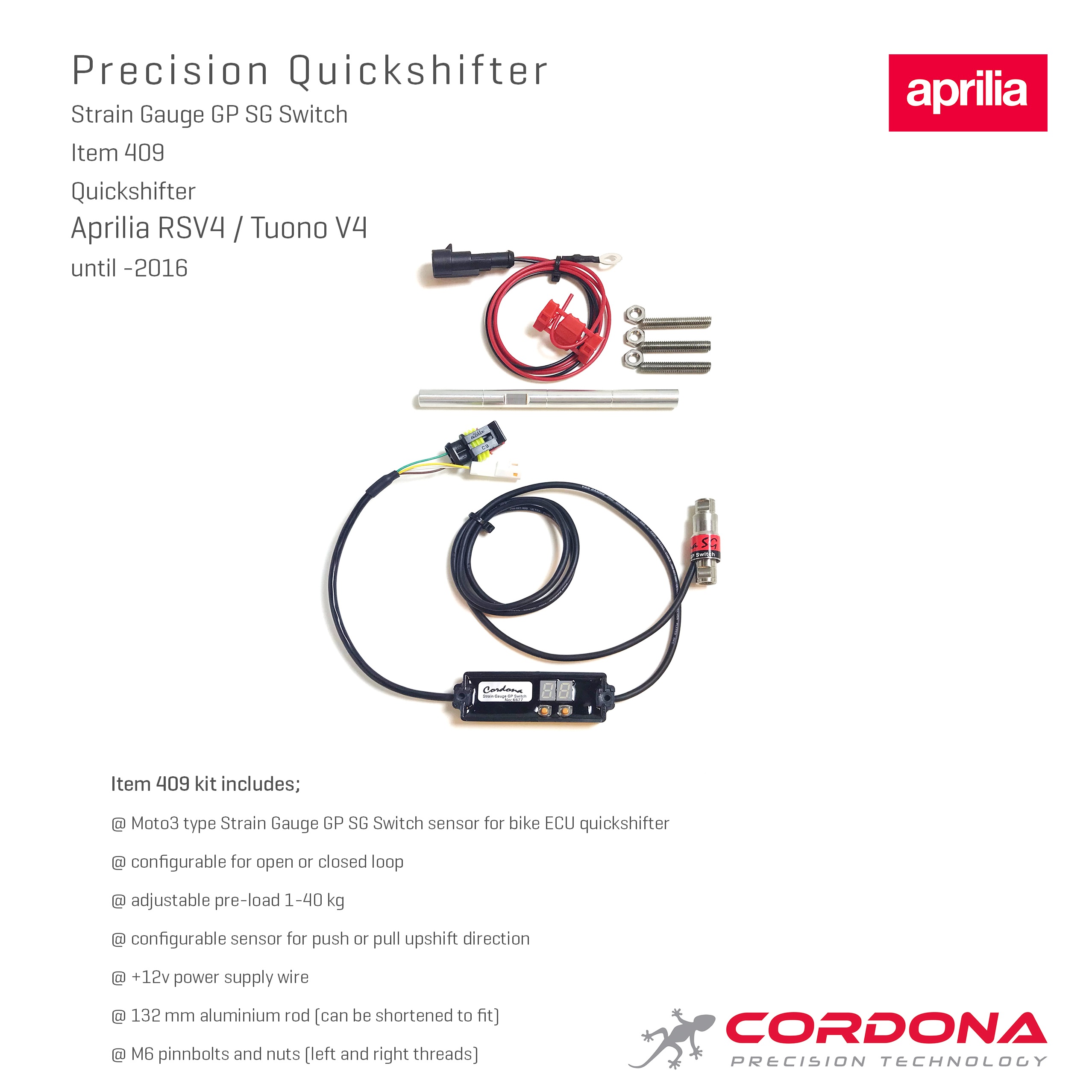 GP Quickshifter Strain Gauge Aprilia RSV 4 2009-2016, Tuono V4 2011-2016, Pyöriin joissa ei ole vaihdetankoa - Cordona